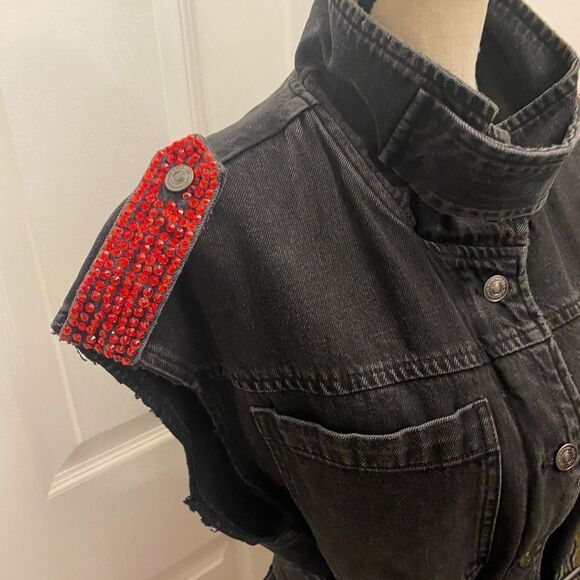 Zara black denim red crystal embellished vest, M - Picture 3 of 9